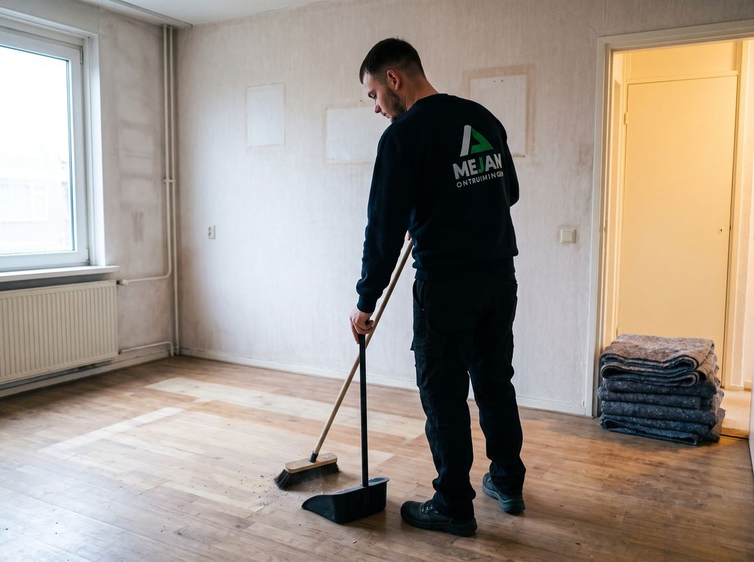 Medewerker veegt de laatste stof bijeen in de lege bezemschoon opgeleverde woonkamer