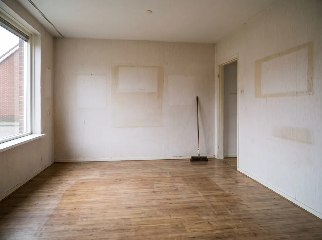 Lege bezemschoon opgeleverde woonkamer met bezem tegen de muur