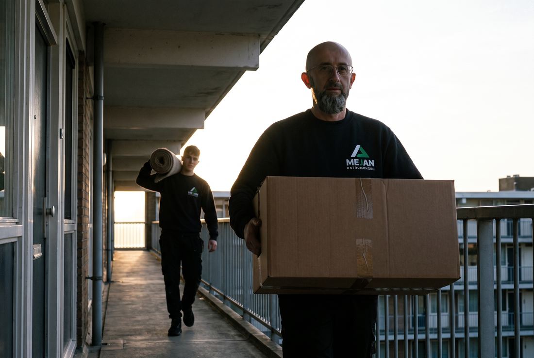 Medewerkers dragen dozen en een vloerkleed over de galerij van een flat in tegenlicht