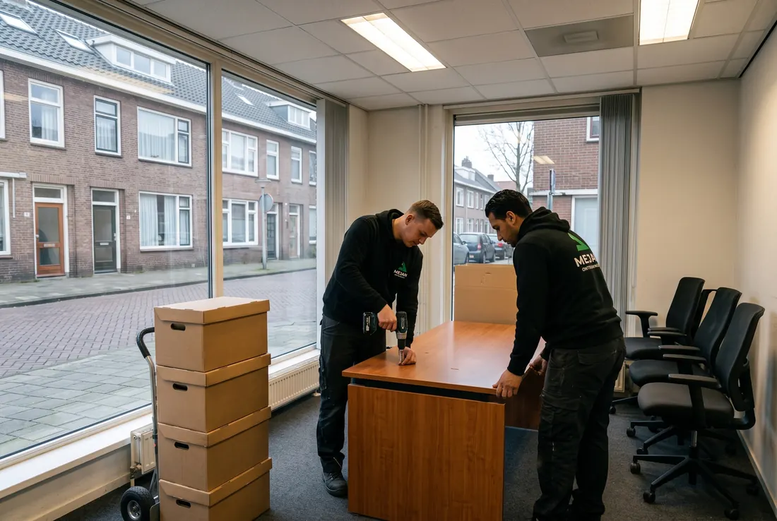 Verhuizers demonteren bureaus in een kantoorpand