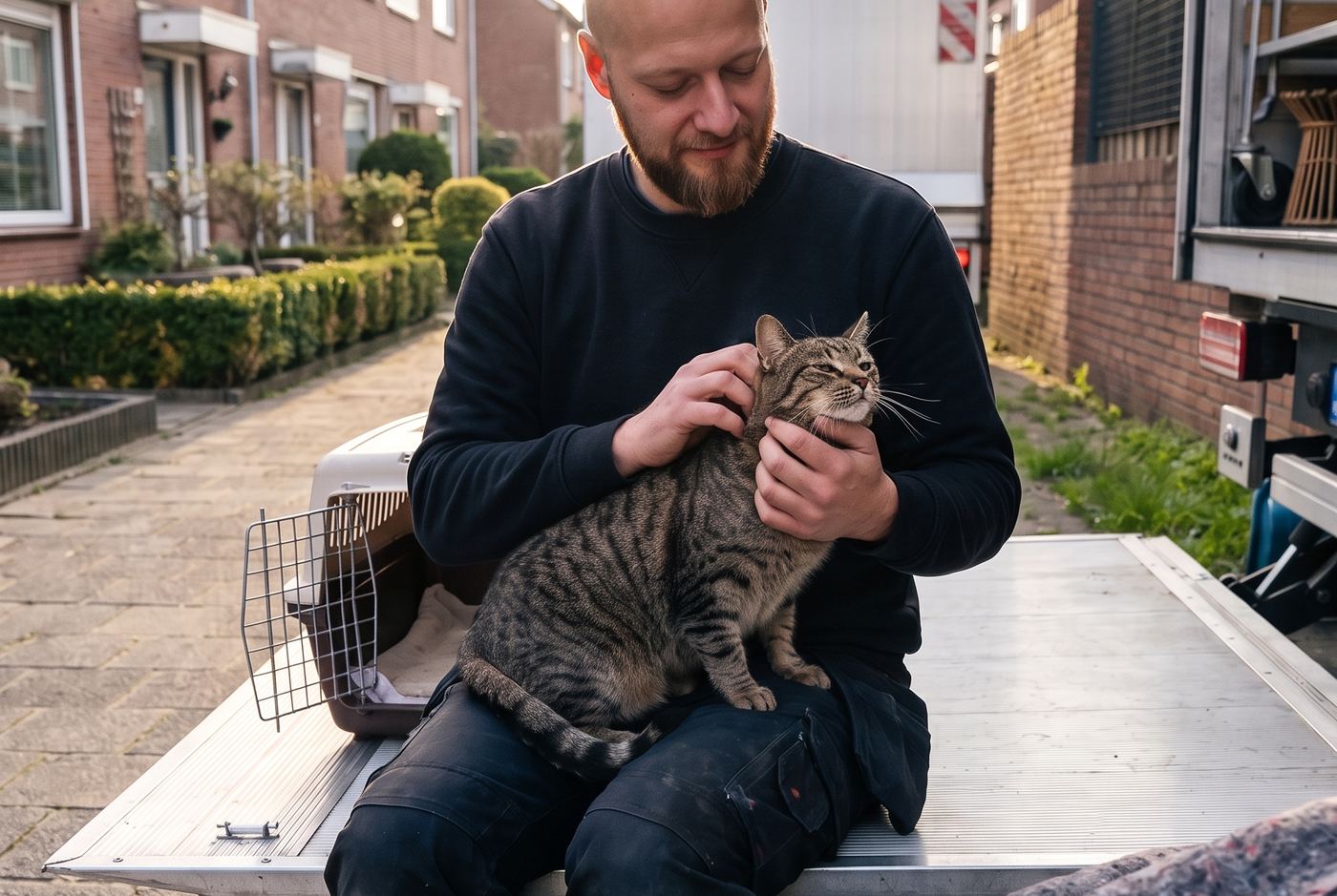 Medewerker van Mejan houdt de kat van de bewoner rustig op schoot op de laadklep