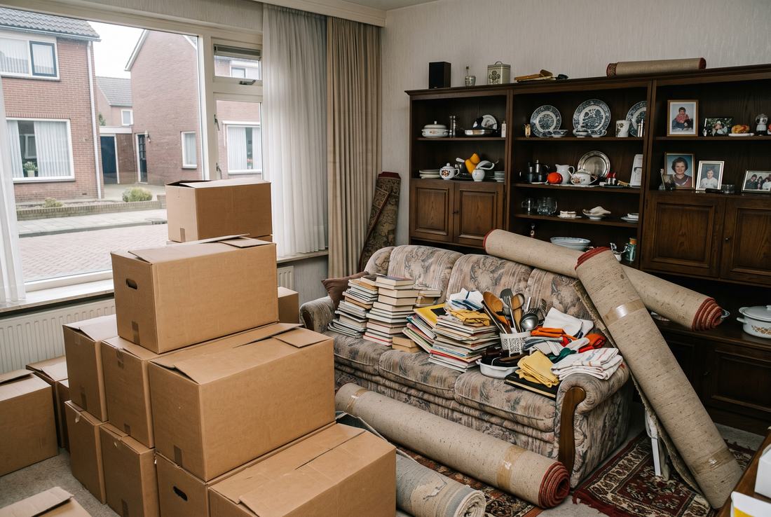 Volle woonkamer met dozen, opgerolde vloerkleden en een kast met familiefoto's voor de ontruiming