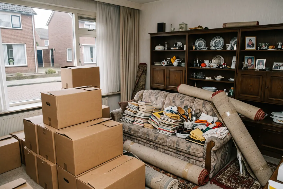 Volle woonkamer met dozen en een kast met familiefoto's voor de ontruiming